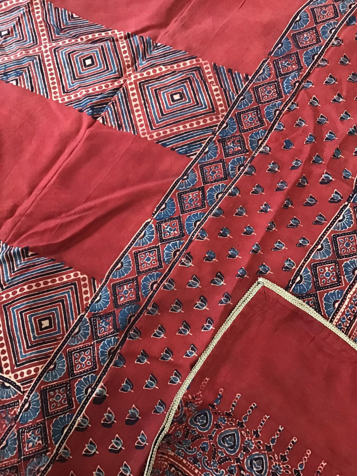 Pure Modal Silk Ajrakh Printed Embroidered Suit - Maroon