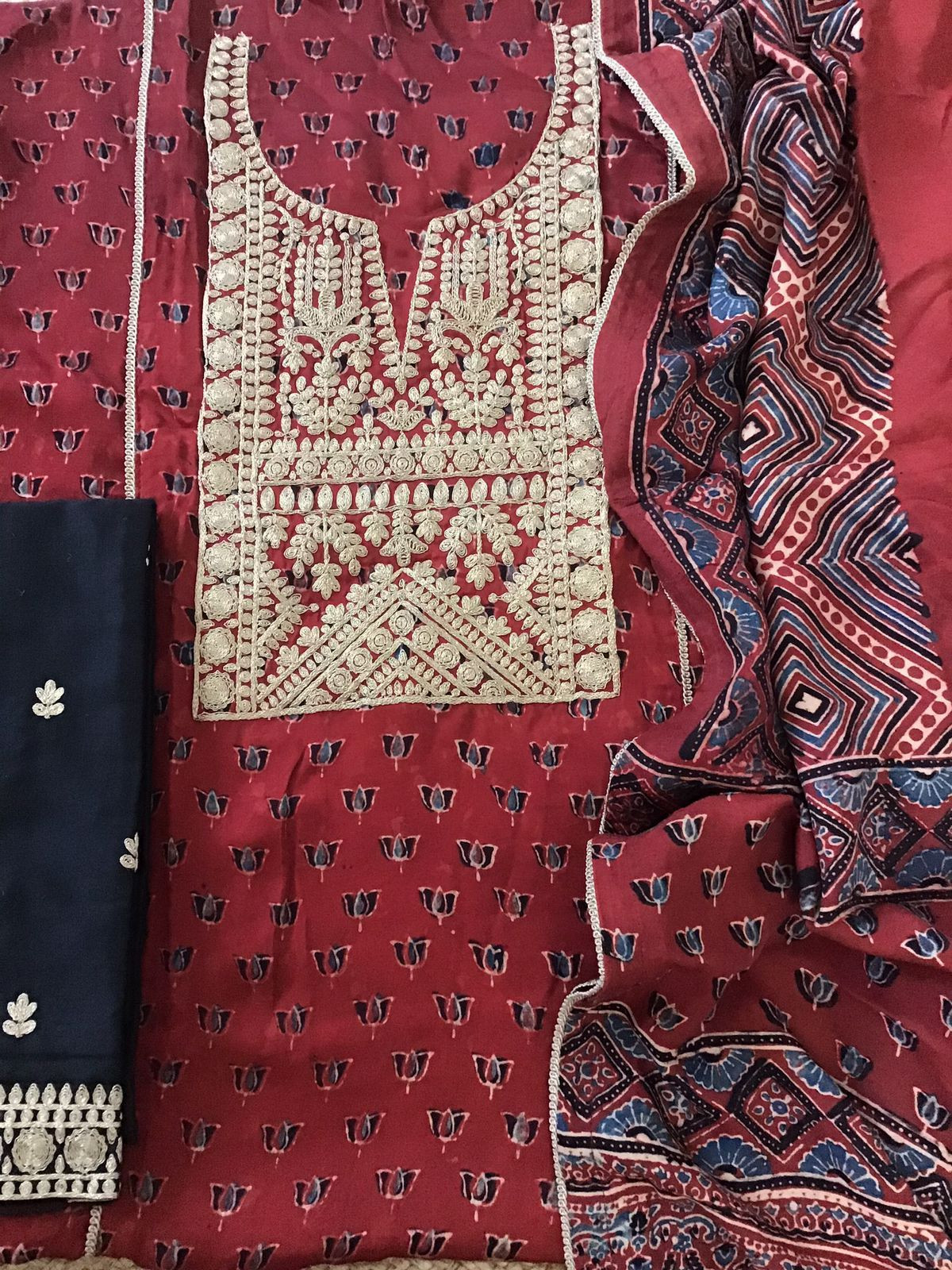 Pure Modal Silk Ajrakh Printed Embroidered Suit - Maroon