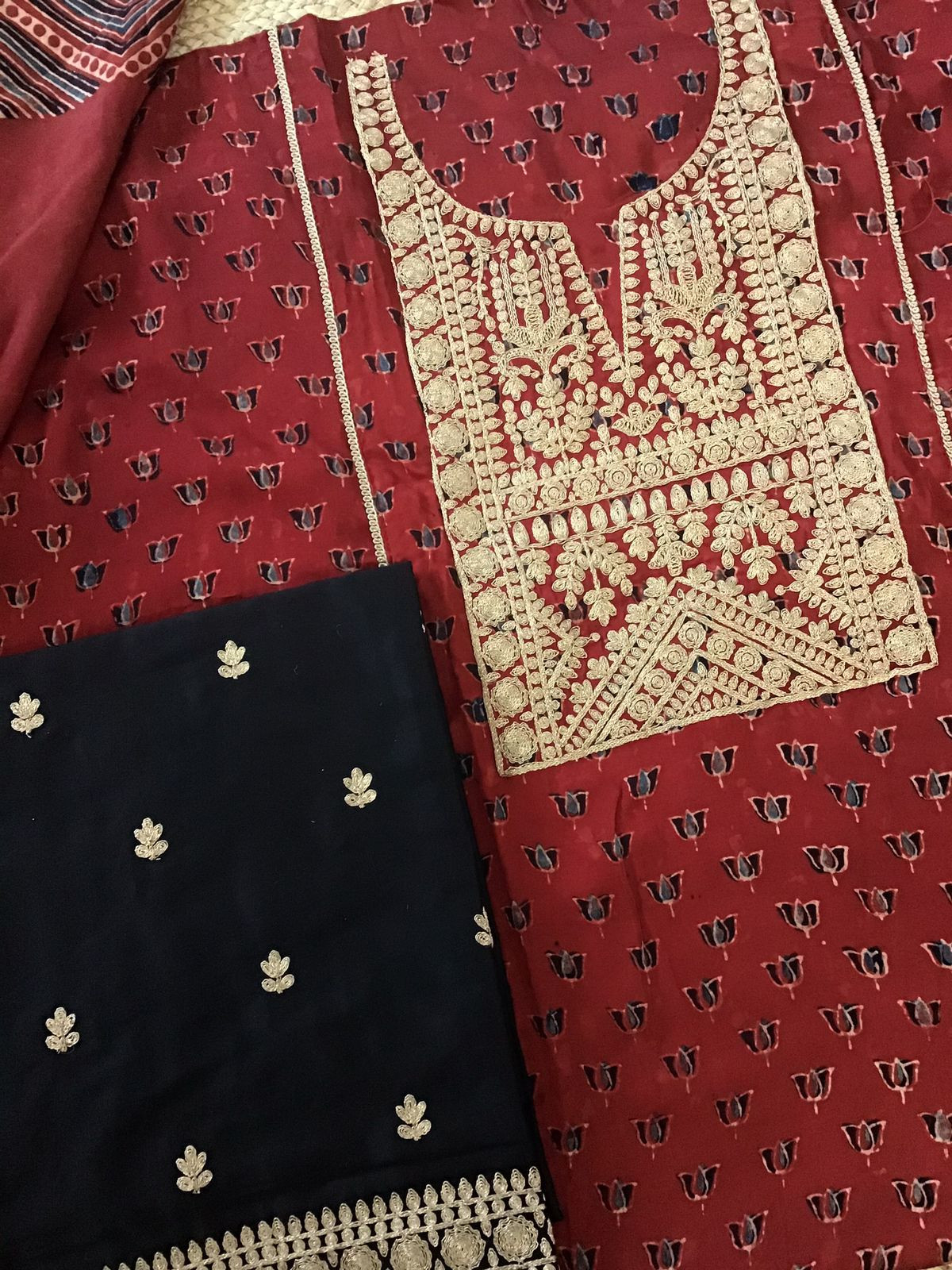 Pure Modal Silk Ajrakh Printed Embroidered Suit - Maroon