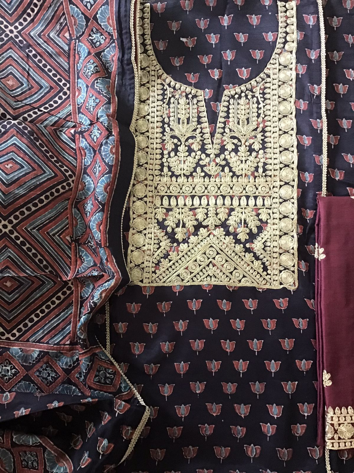 Pure Modal Silk Ajrakh Printed Embroidered Suit - Black