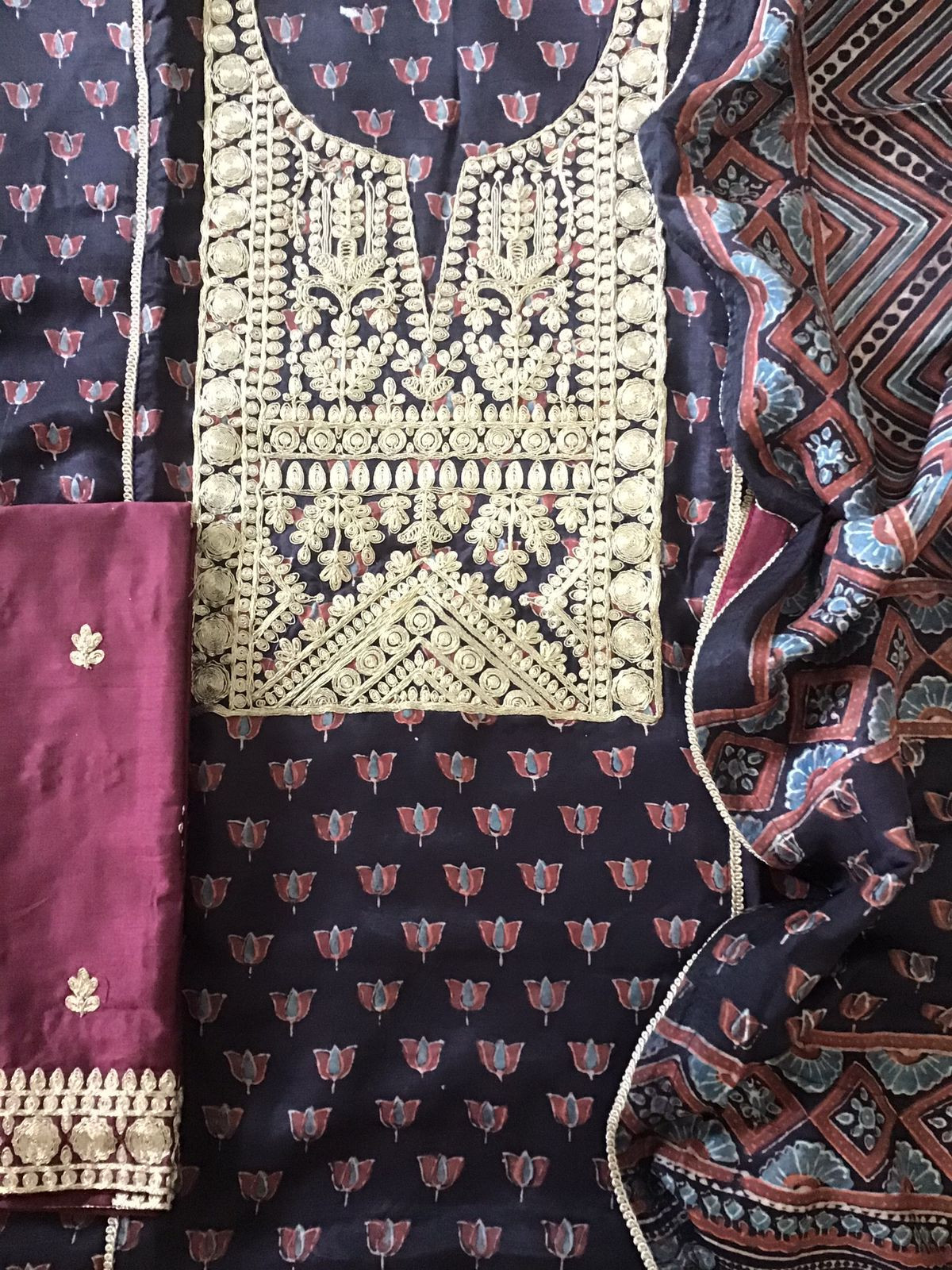 Pure Modal Silk Ajrakh Printed Embroidered Suit - Black