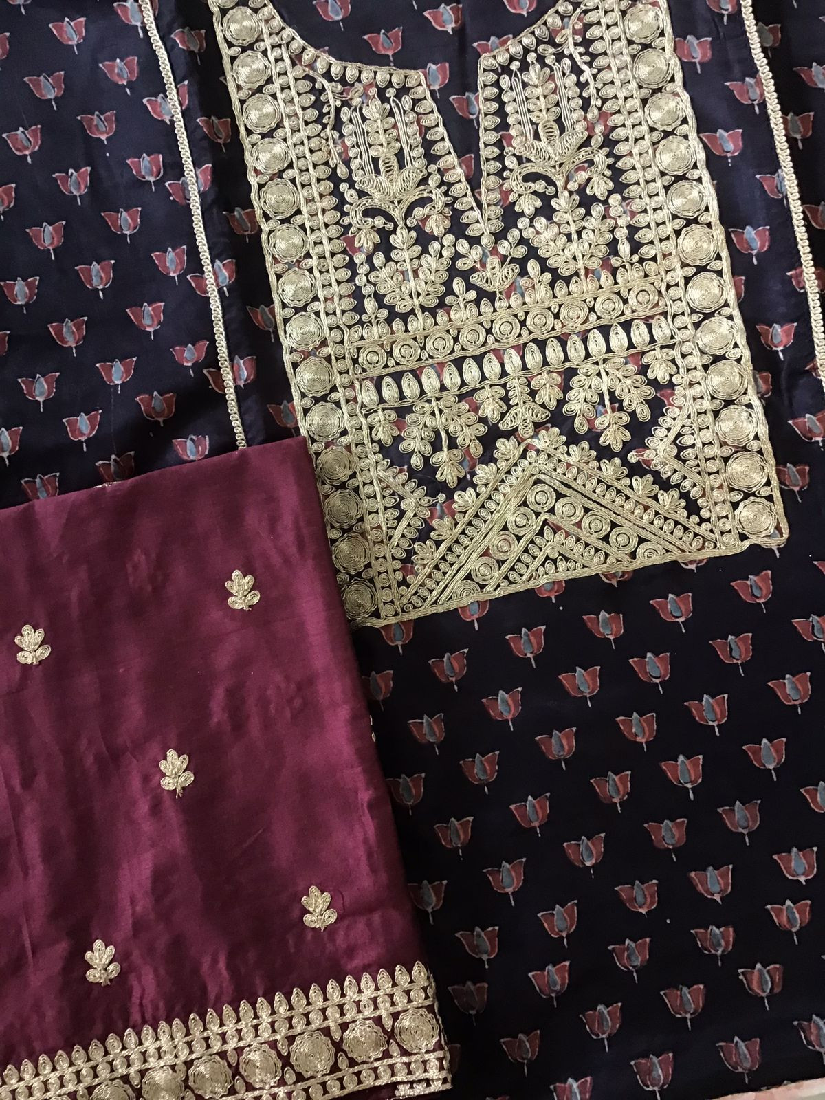 Pure Modal Silk Ajrakh Printed Embroidered Suit - Black