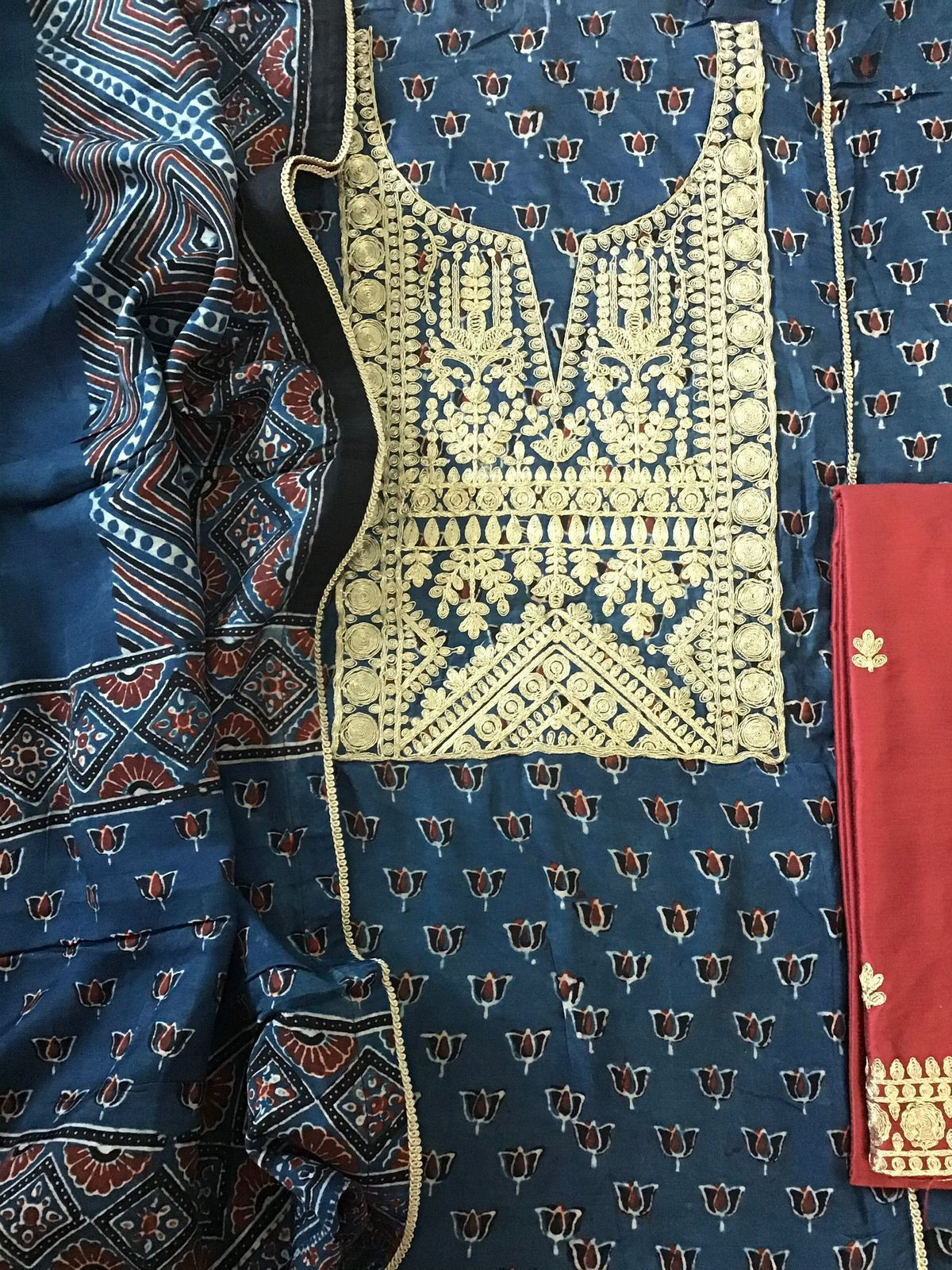 Pure Modal Silk Ajrakh Printed Embroidered Suit - Blue
