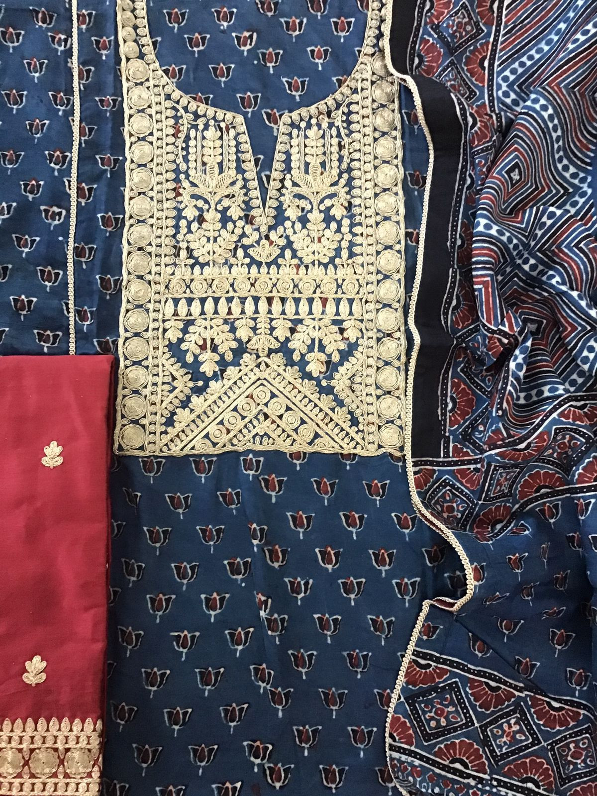 Pure Modal Silk Ajrakh Printed Embroidered Suit - Blue