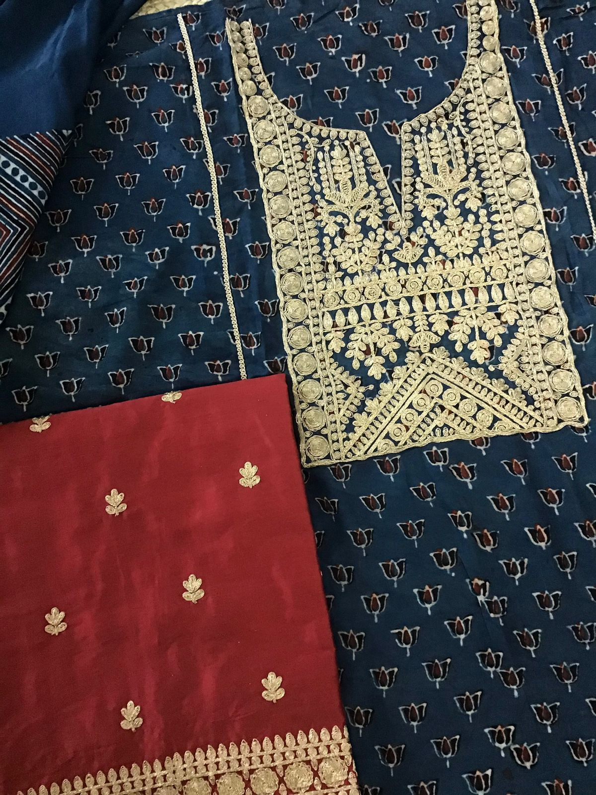 Pure Modal Silk Ajrakh Printed Embroidered Suit - Blue