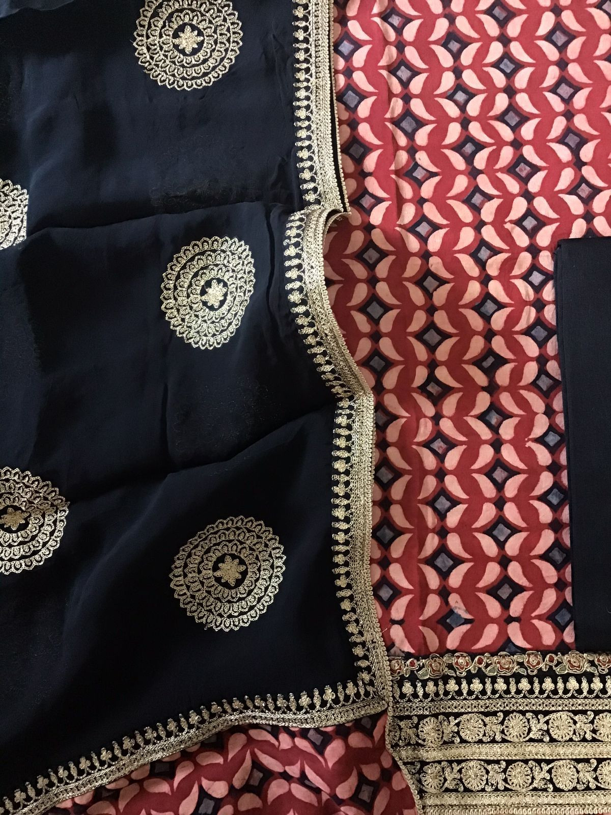 Pure Modal Silk Ajrakh Printed Embroidered Suit - Maroon