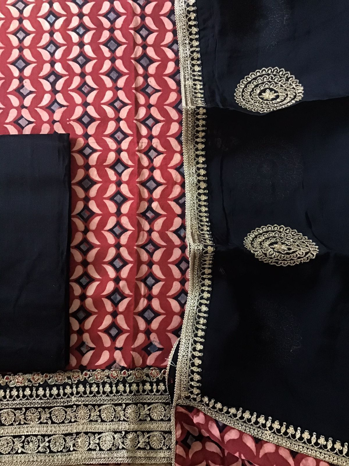 Pure Modal Silk Ajrakh Printed Embroidered Suit - Maroon