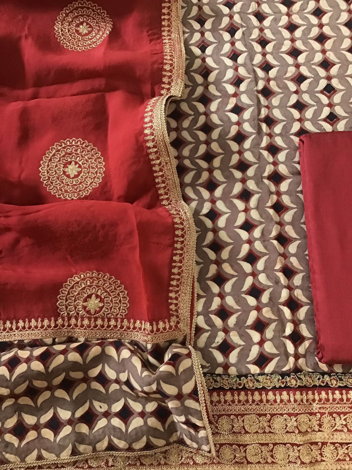 Pure Modal Silk Ajrakh Printed Embroidered Suit - Brown