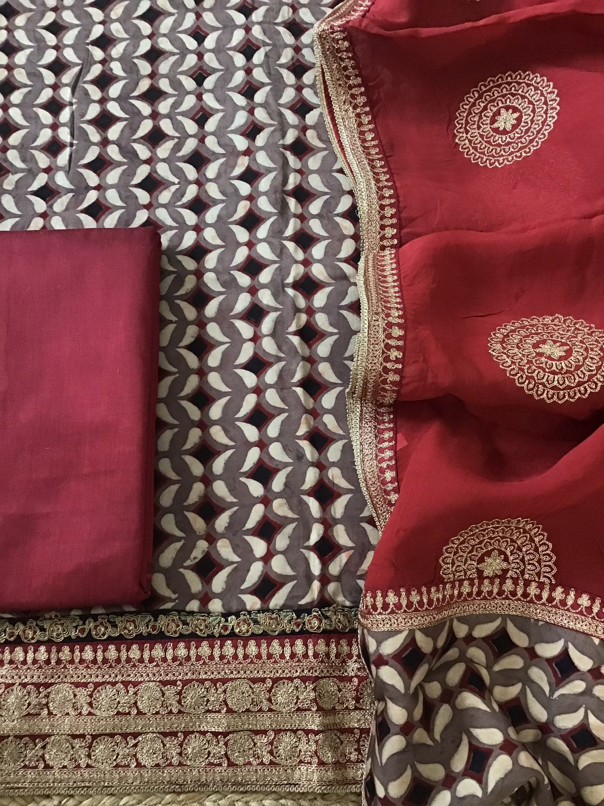 Pure Modal Silk Ajrakh Printed Embroidered Suit - Brown