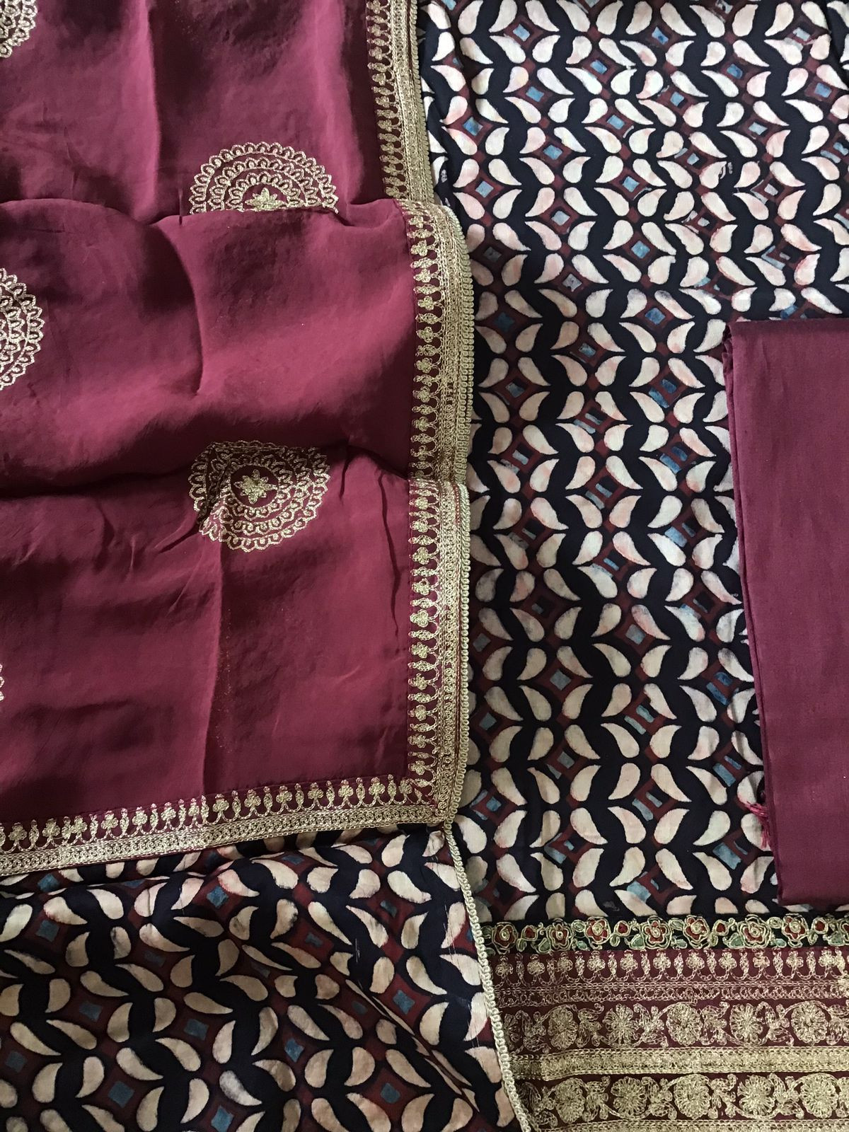 Pure Modal Silk Ajrakh Printed Embroidered Suit - Black