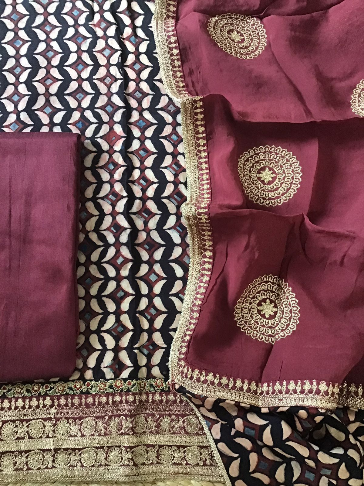 Pure Modal Silk Ajrakh Printed Embroidered Suit - Black