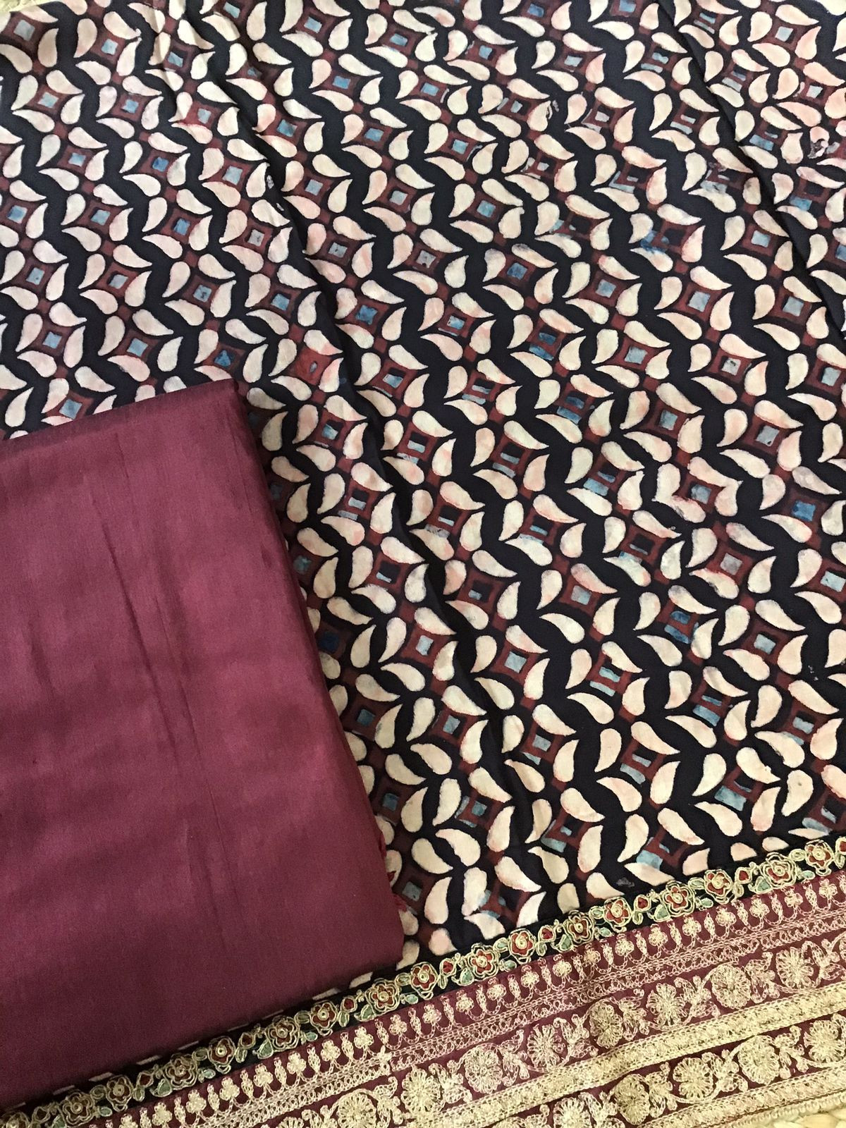 Pure Modal Silk Ajrakh Printed Embroidered Suit - Black