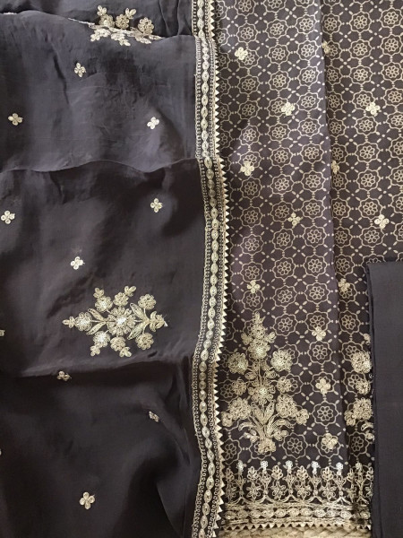 Image of Pure Modal Silk Ajrakh Printed Embroidered Suit - Brown
