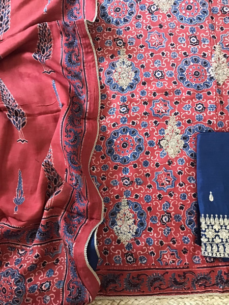 Image of Pure Modal Silk Ajrakh Printed Embroidered Suit - Maroon