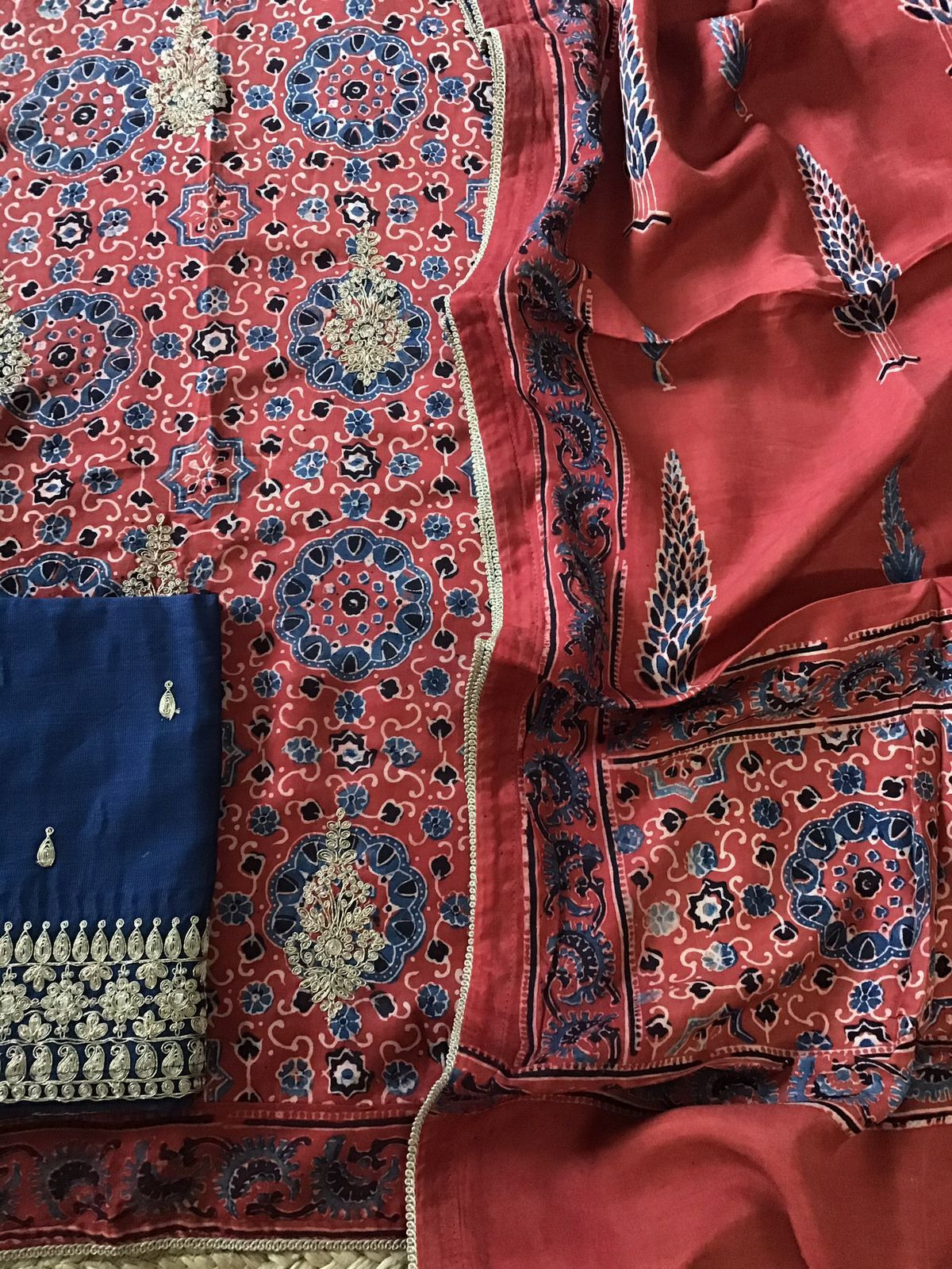 Pure Modal Silk Ajrakh Printed Embroidered Suit - Maroon