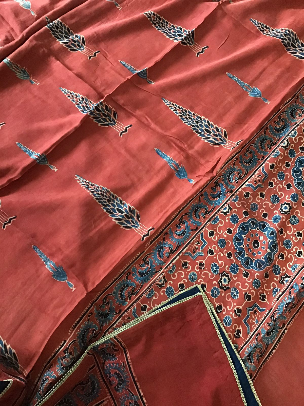 Pure Modal Silk Ajrakh Printed Embroidered Suit - Maroon