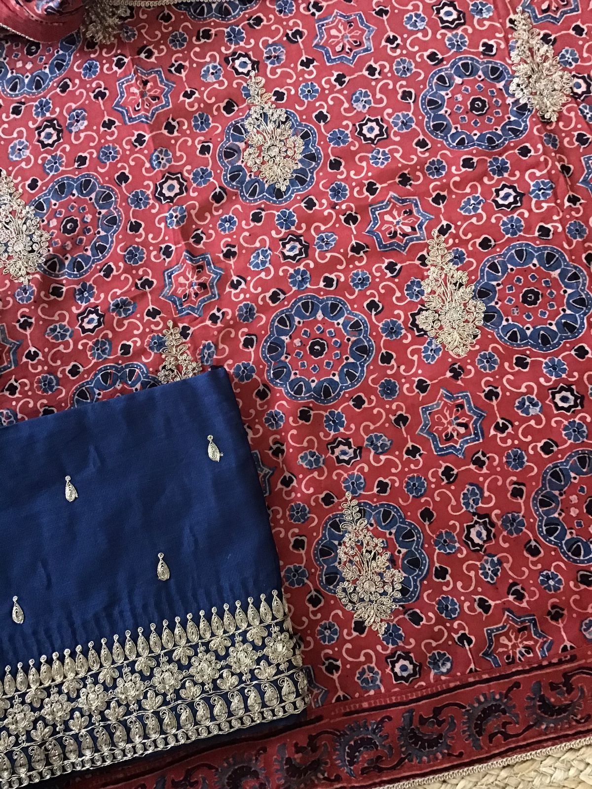 Pure Modal Silk Ajrakh Printed Embroidered Suit - Maroon