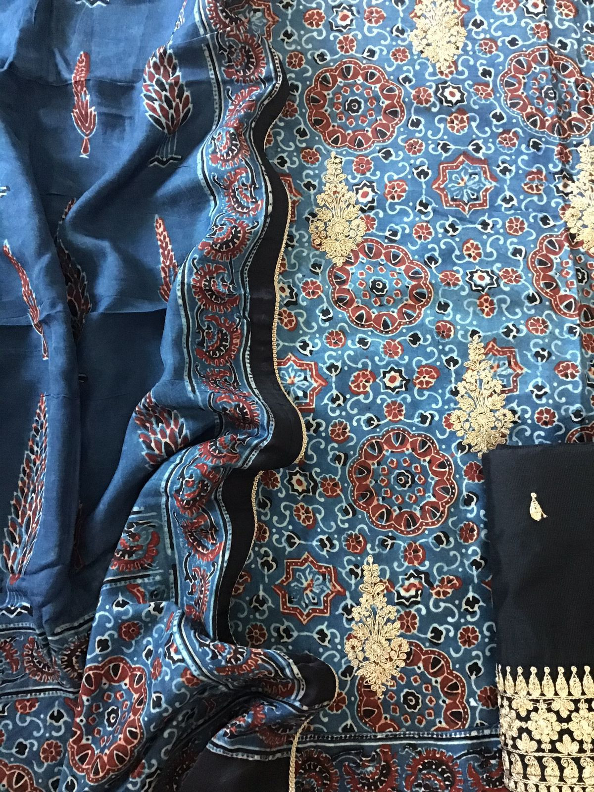 Pure Modal Silk Ajrakh Printed Embroidered Suit - Blue