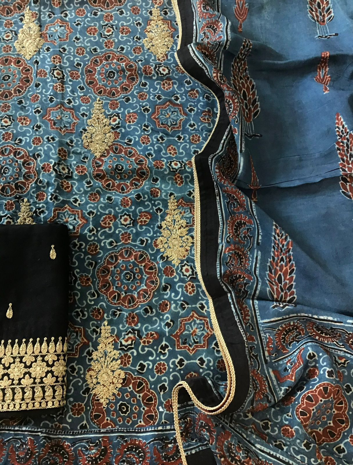Pure Modal Silk Ajrakh Printed Embroidered Suit - Blue