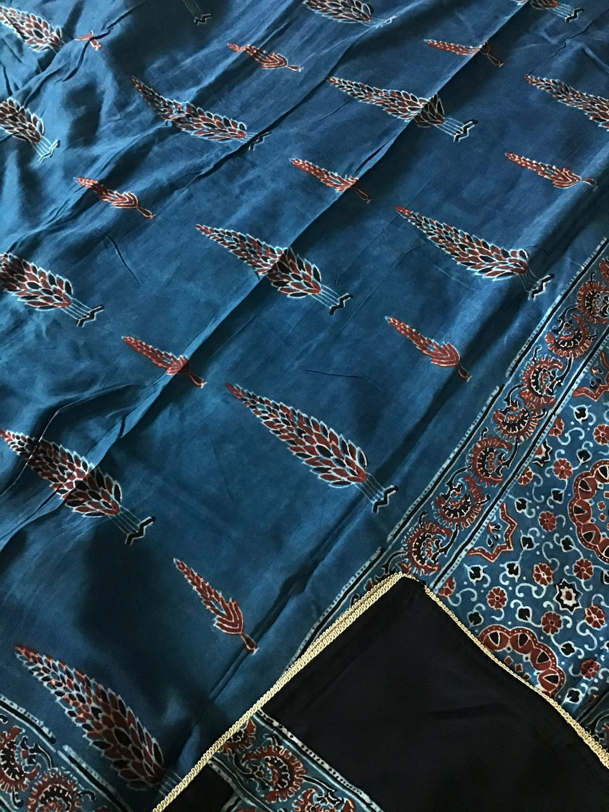 Pure Modal Silk Ajrakh Printed Embroidered Suit - Blue