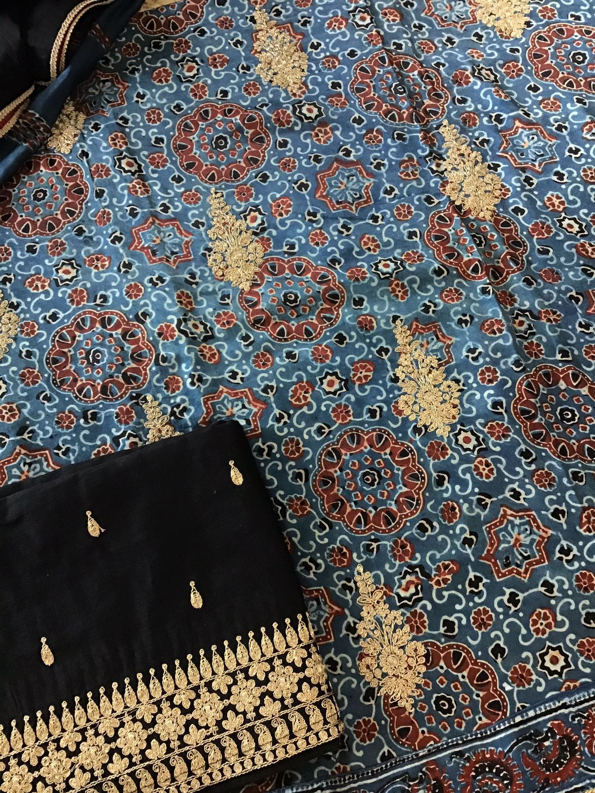 Pure Modal Silk Ajrakh Printed Embroidered Suit - Blue