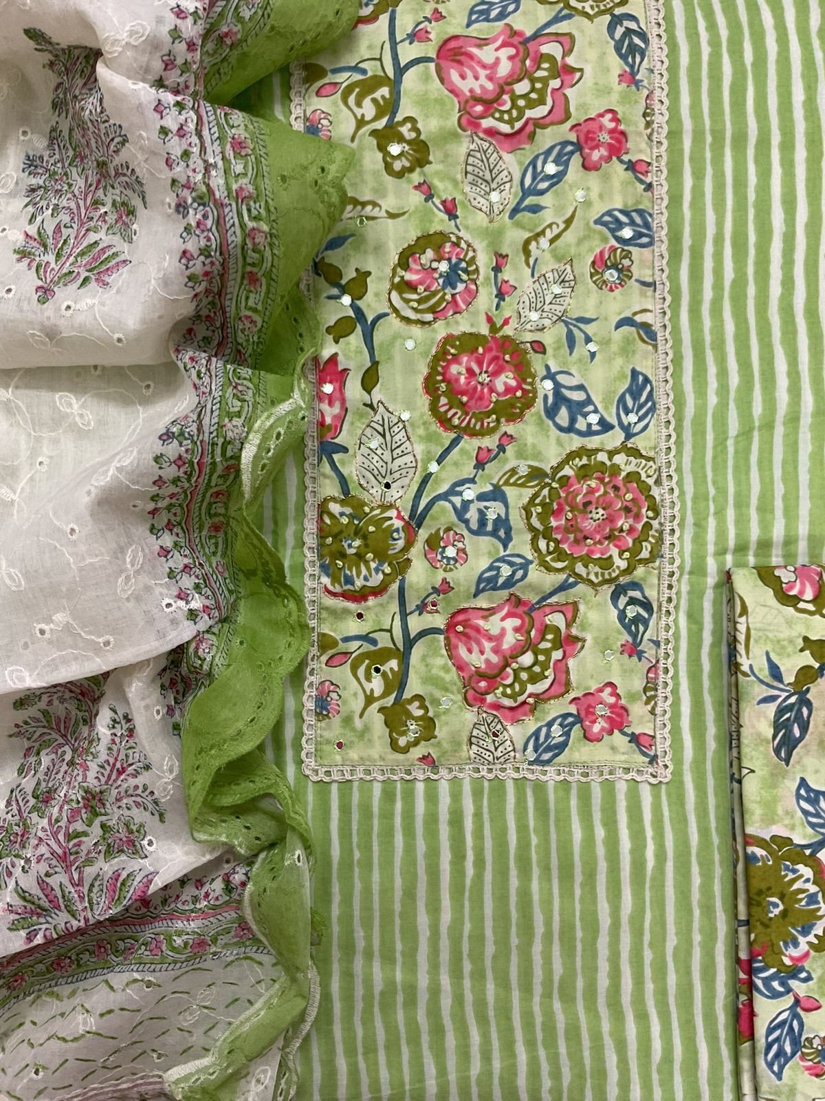 Pure Cotton Printed Embroidered Suit - Green