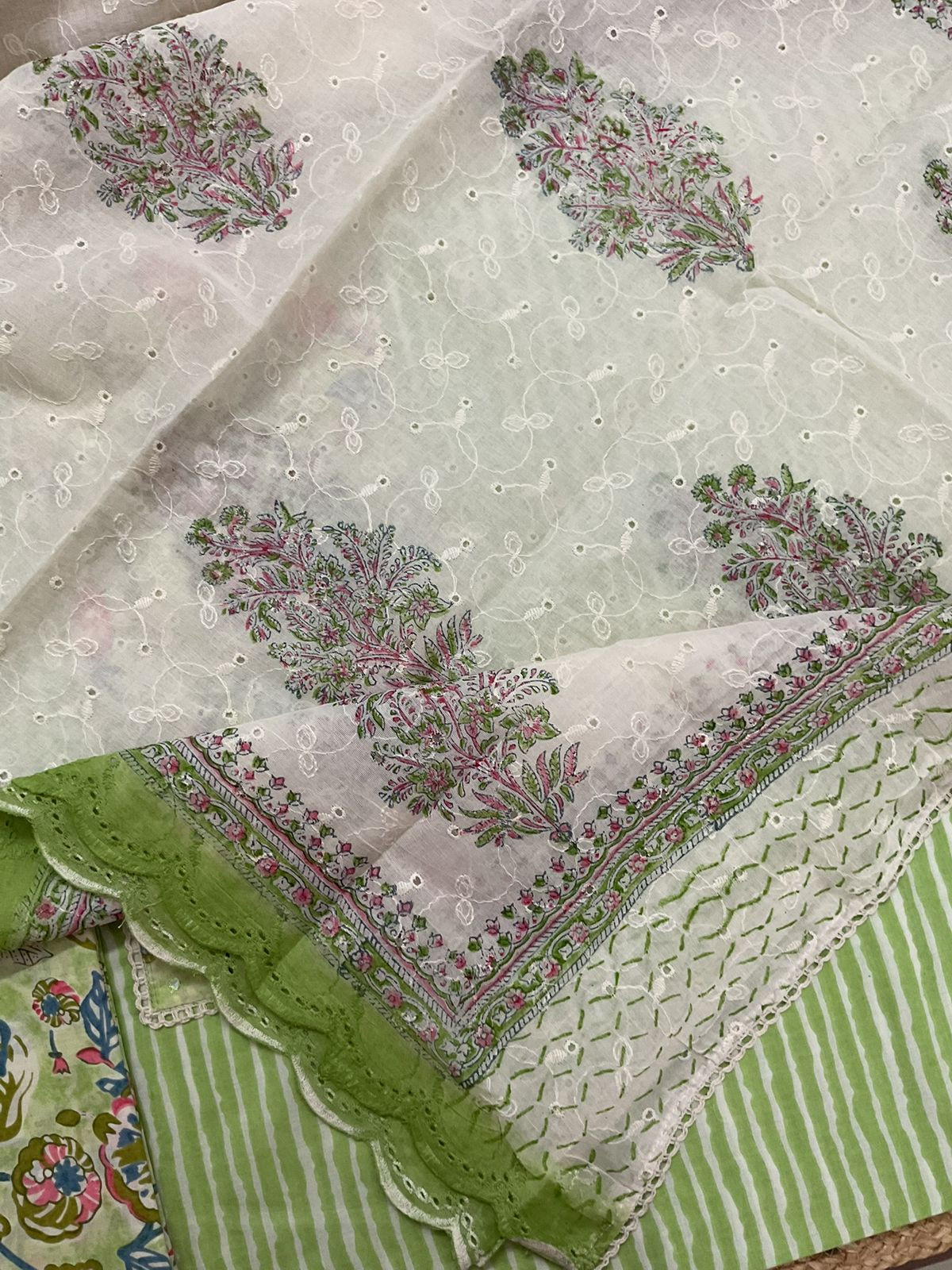 Pure Cotton Printed Embroidered Suit - Green