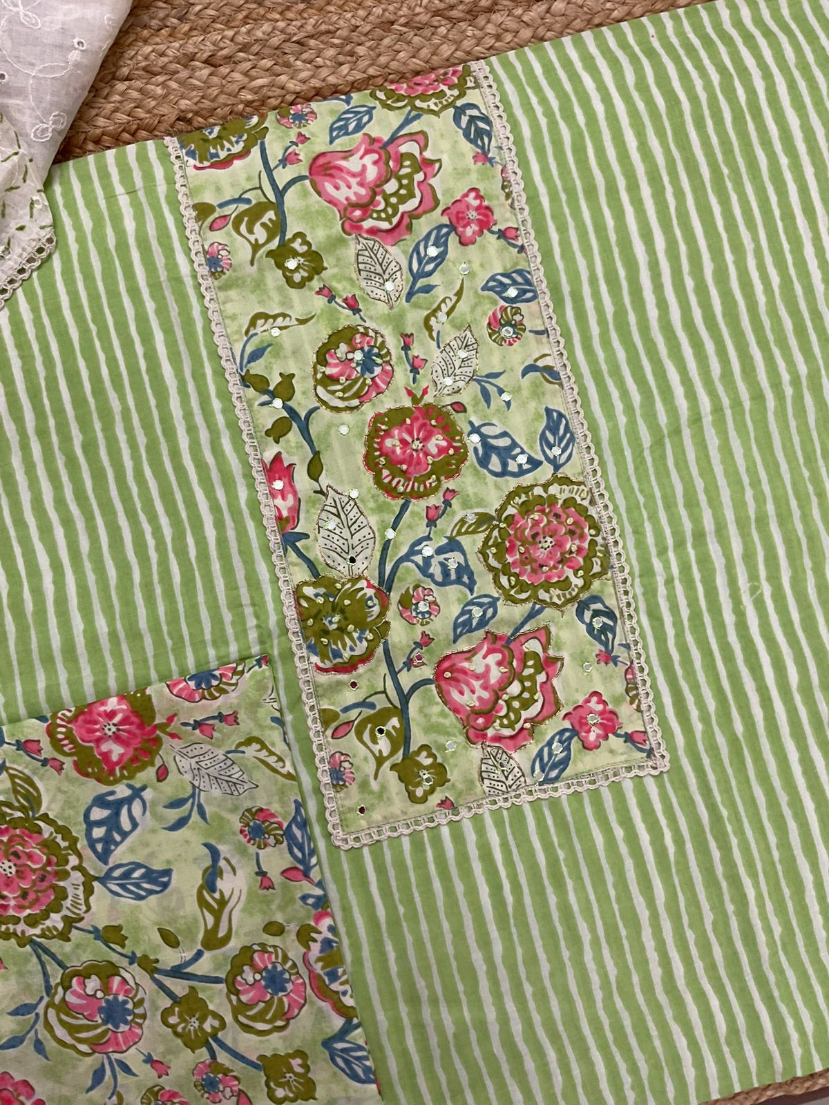 Pure Cotton Printed Embroidered Suit - Green