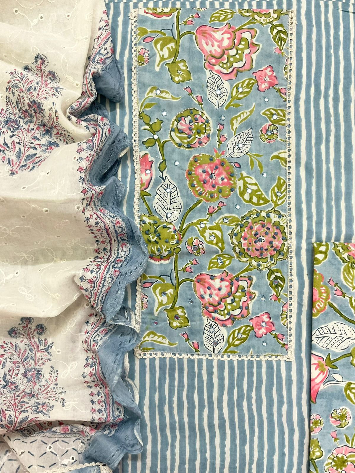 Pure Cotton Printed Embroidered Suit - Blue