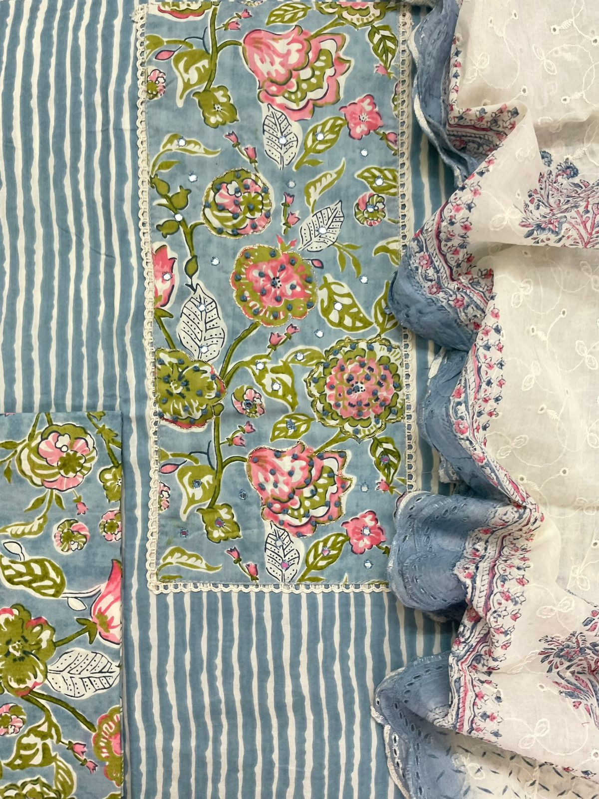 Pure Cotton Printed Embroidered Suit - Blue