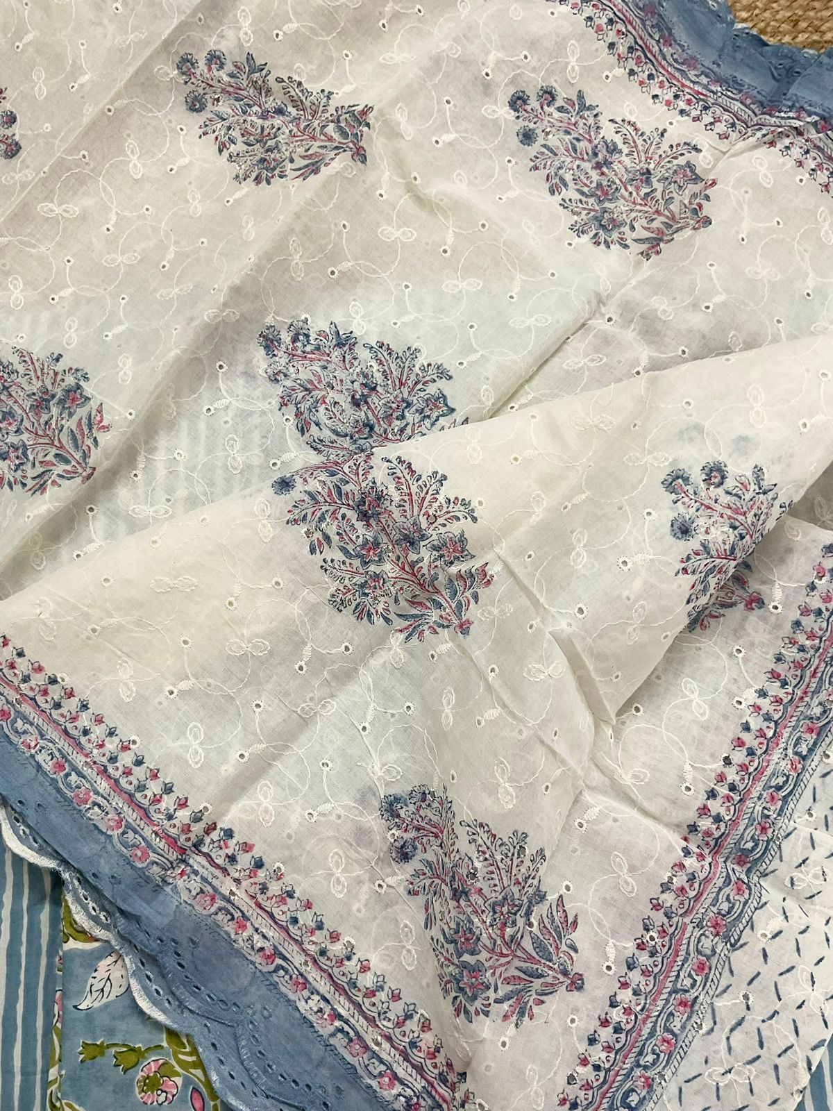 Pure Cotton Printed Embroidered Suit - Blue