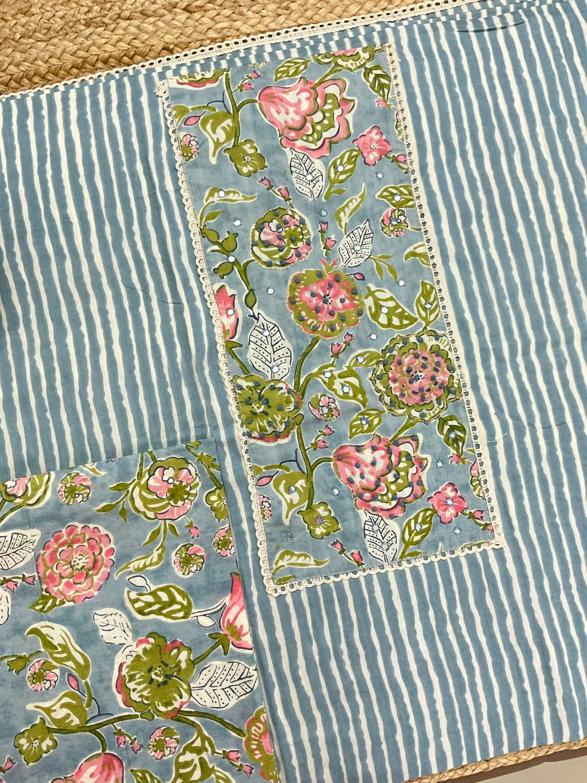 Pure Cotton Printed Embroidered Suit - Blue