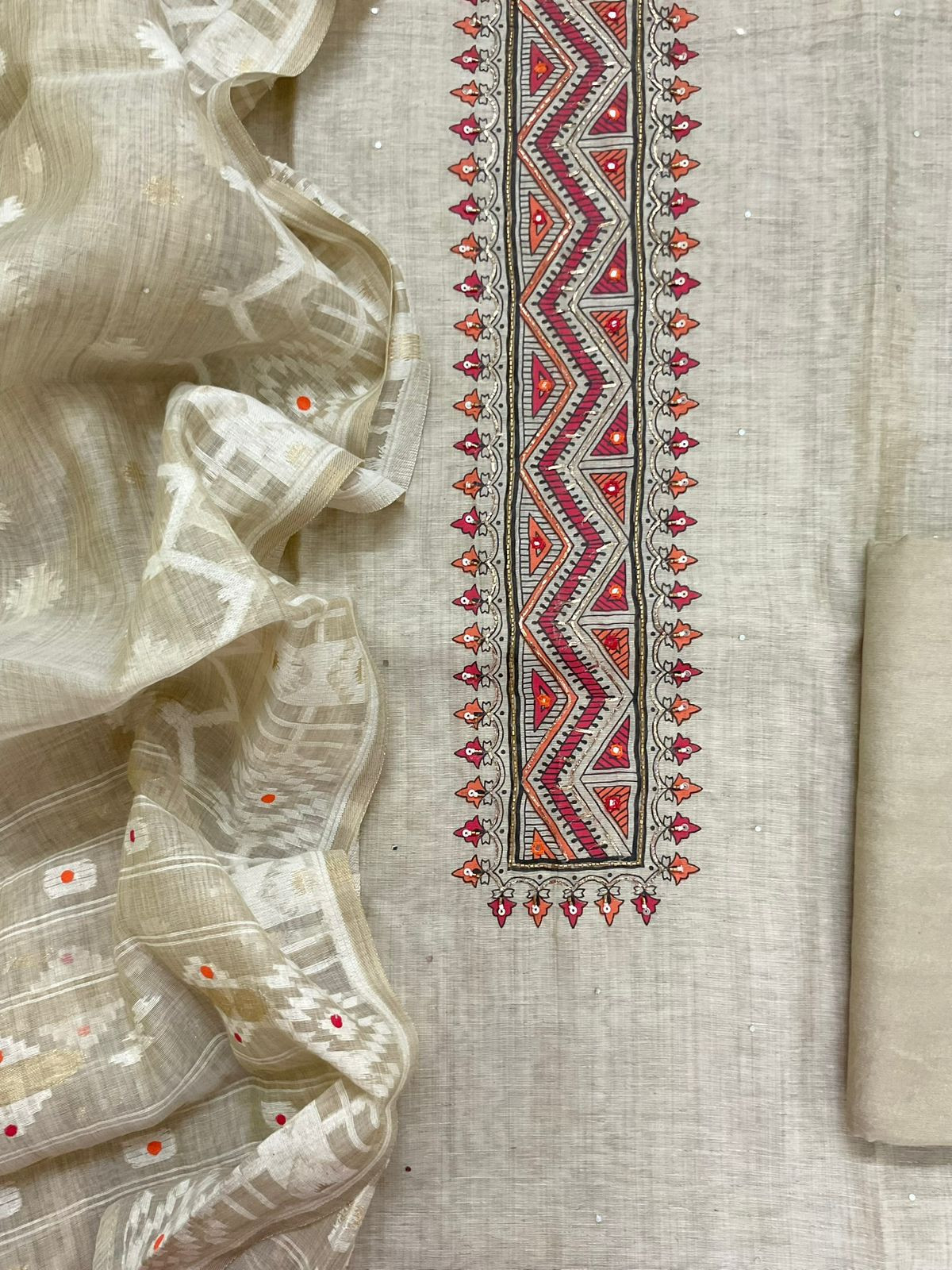 Soft Slub Chanderi Printed Jamdani Weaved Embroidered Suit - Beige