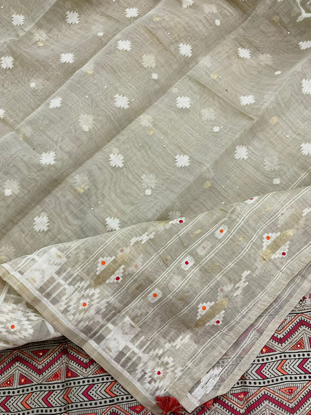 Soft Slub Chanderi Printed Jamdani Weaved Embroidered Suit - Beige