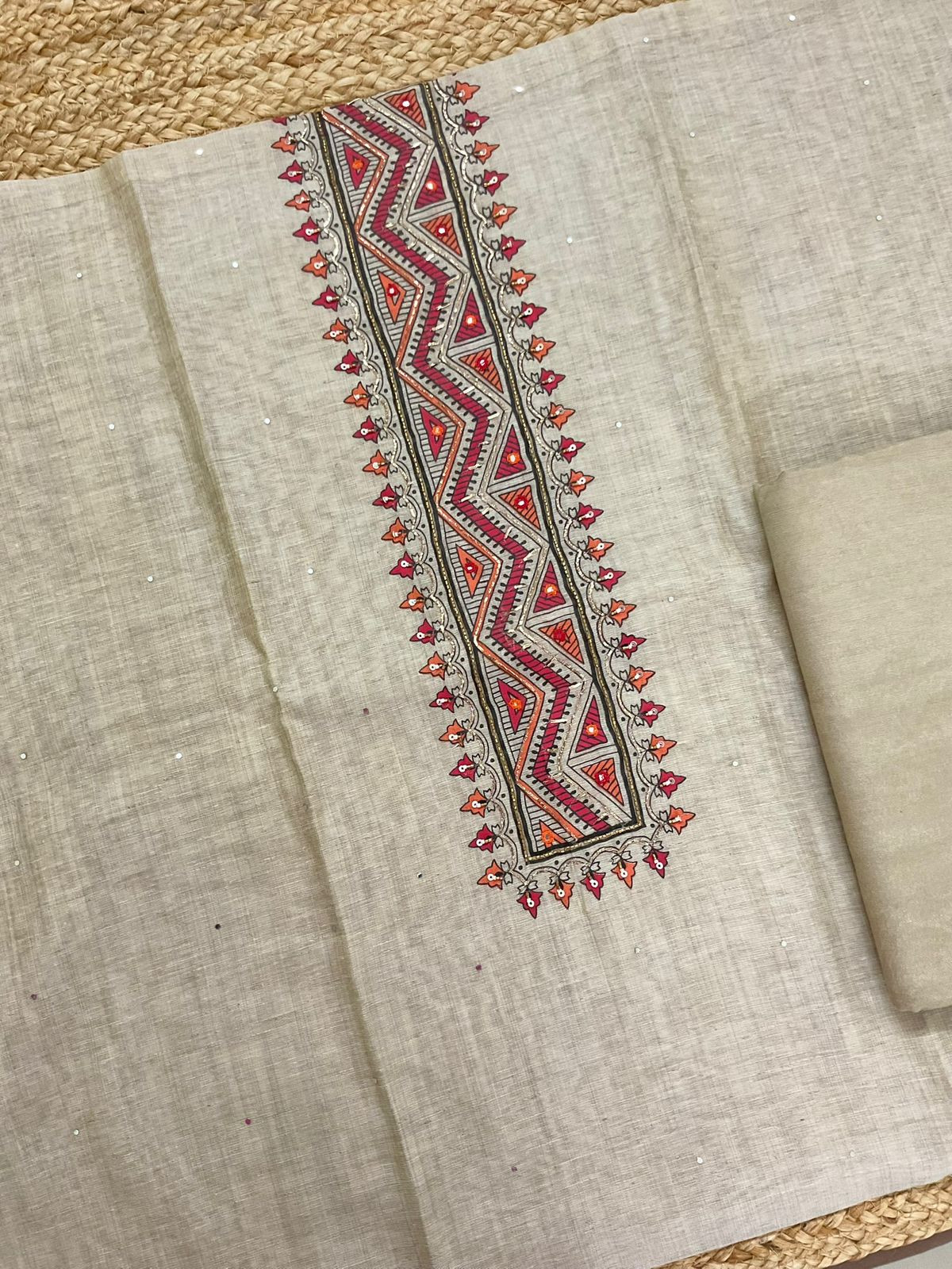 Soft Slub Chanderi Printed Jamdani Weaved Embroidered Suit - Beige