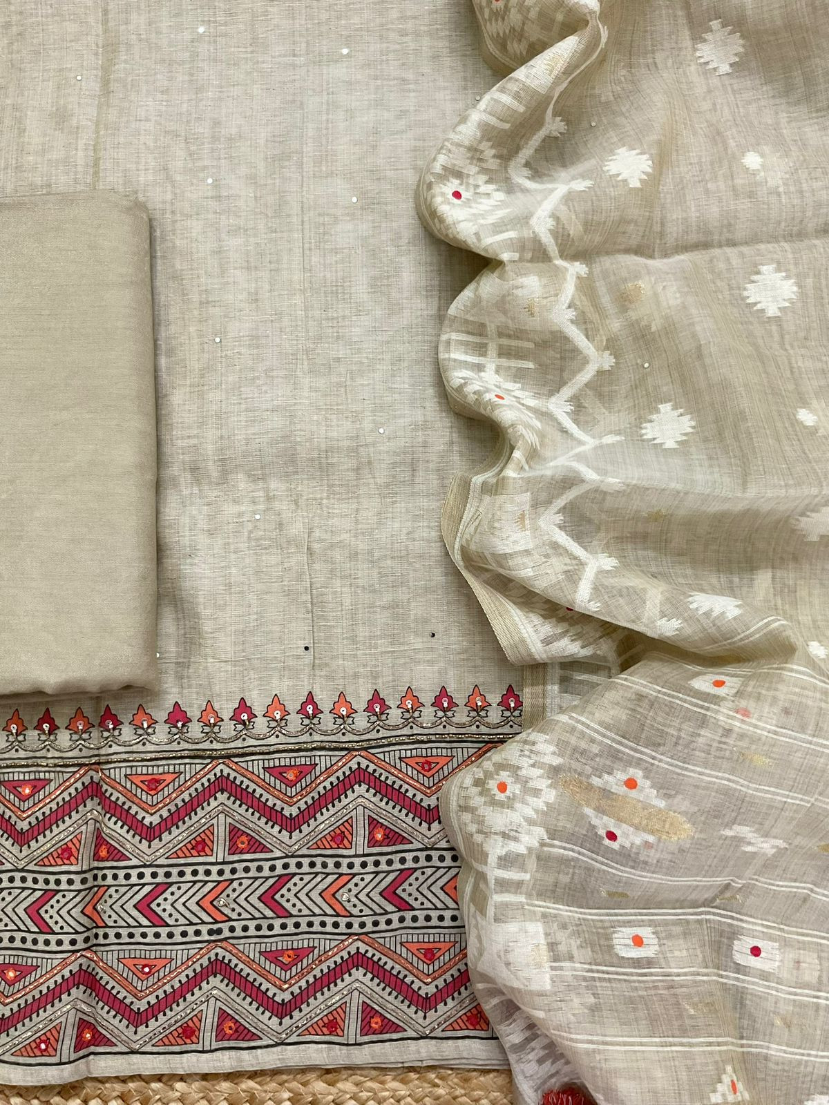 Soft Slub Chanderi Printed Jamdani Weaved Embroidered Suit - Beige