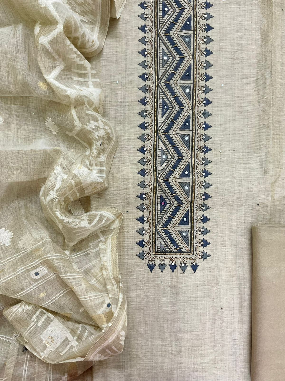 Soft Slub Chanderi Printed Jamdani Weaved Embroidered Suit - Beige