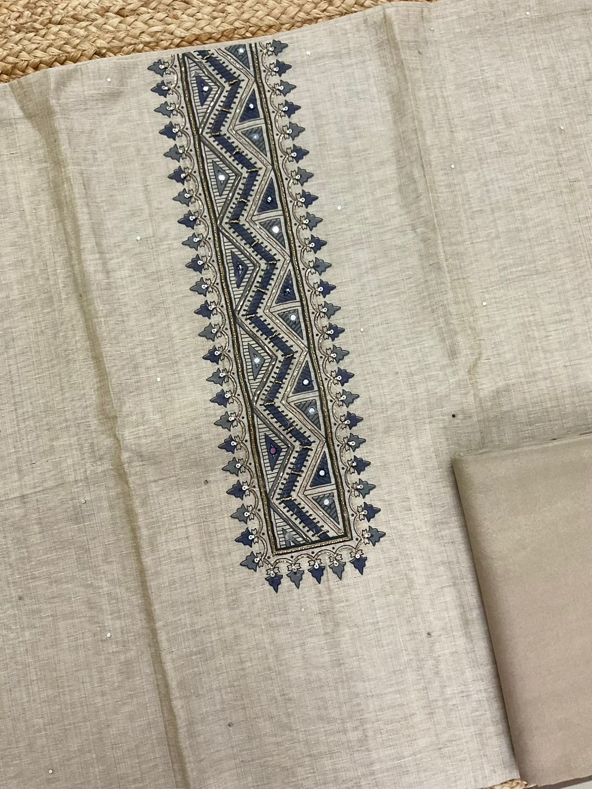 Soft Slub Chanderi Printed Jamdani Weaved Embroidered Suit - Beige