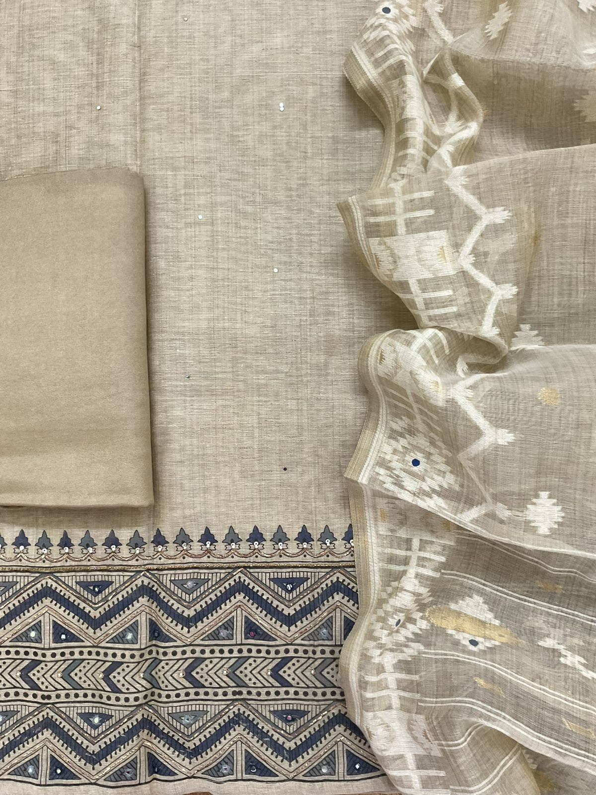 Soft Slub Chanderi Printed Jamdani Weaved Embroidered Suit - Beige