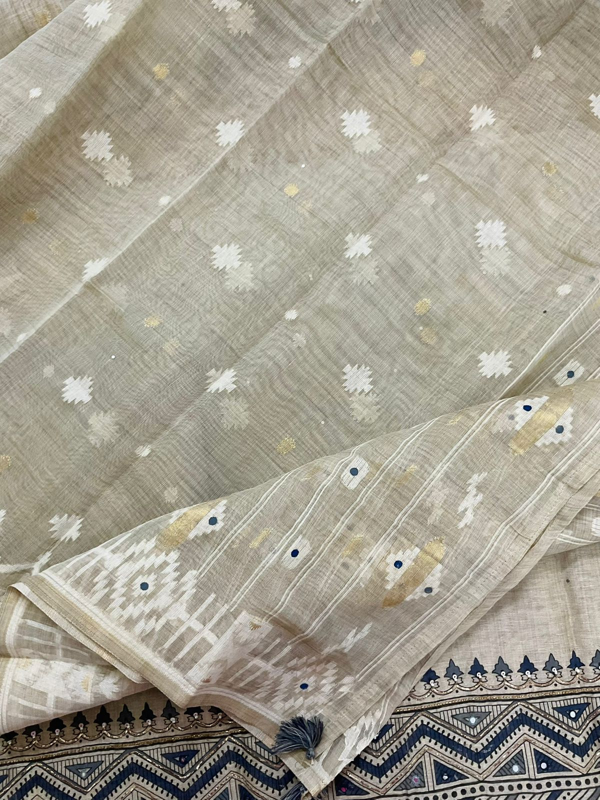 Soft Slub Chanderi Printed Jamdani Weaved Embroidered Suit - Beige