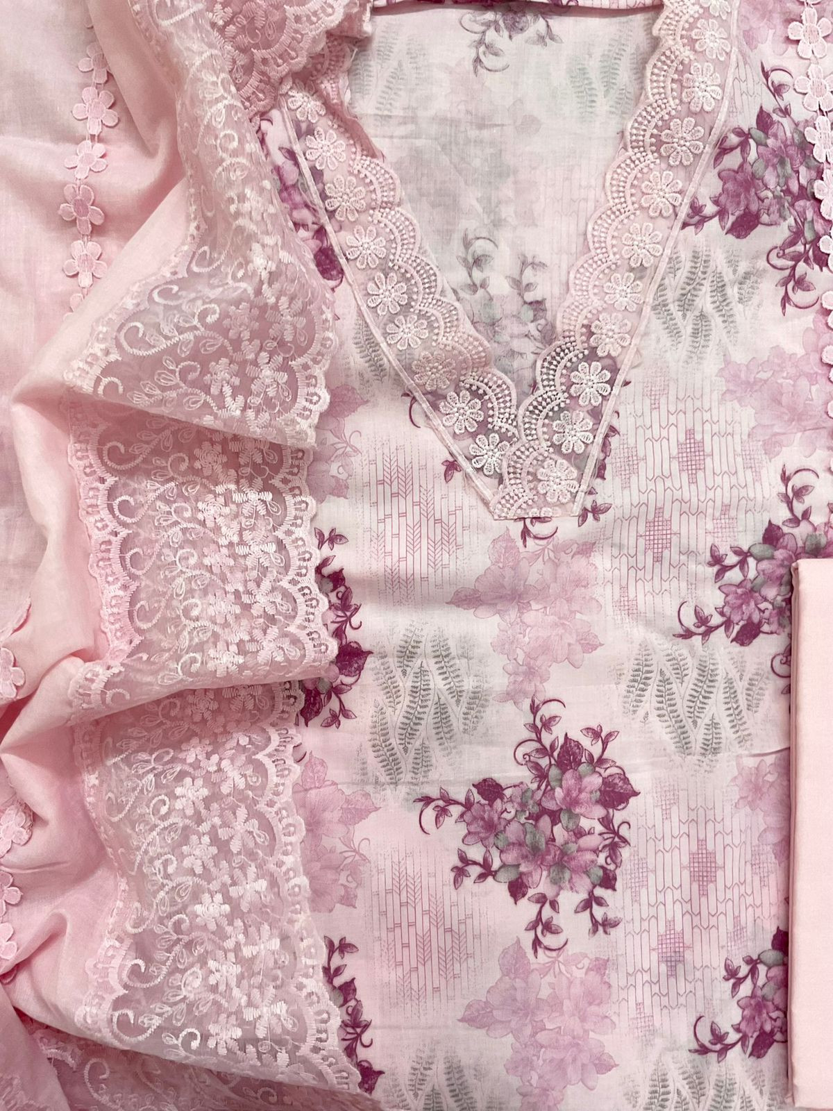 Pure Cotton Printed Embroidered Suit - Pink