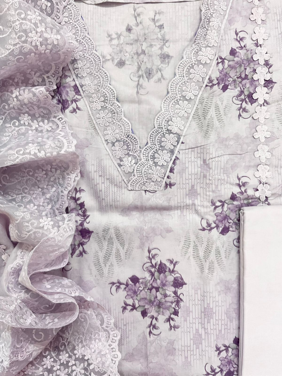 Pure Cotton Printed Embroidered Suit - Lavender