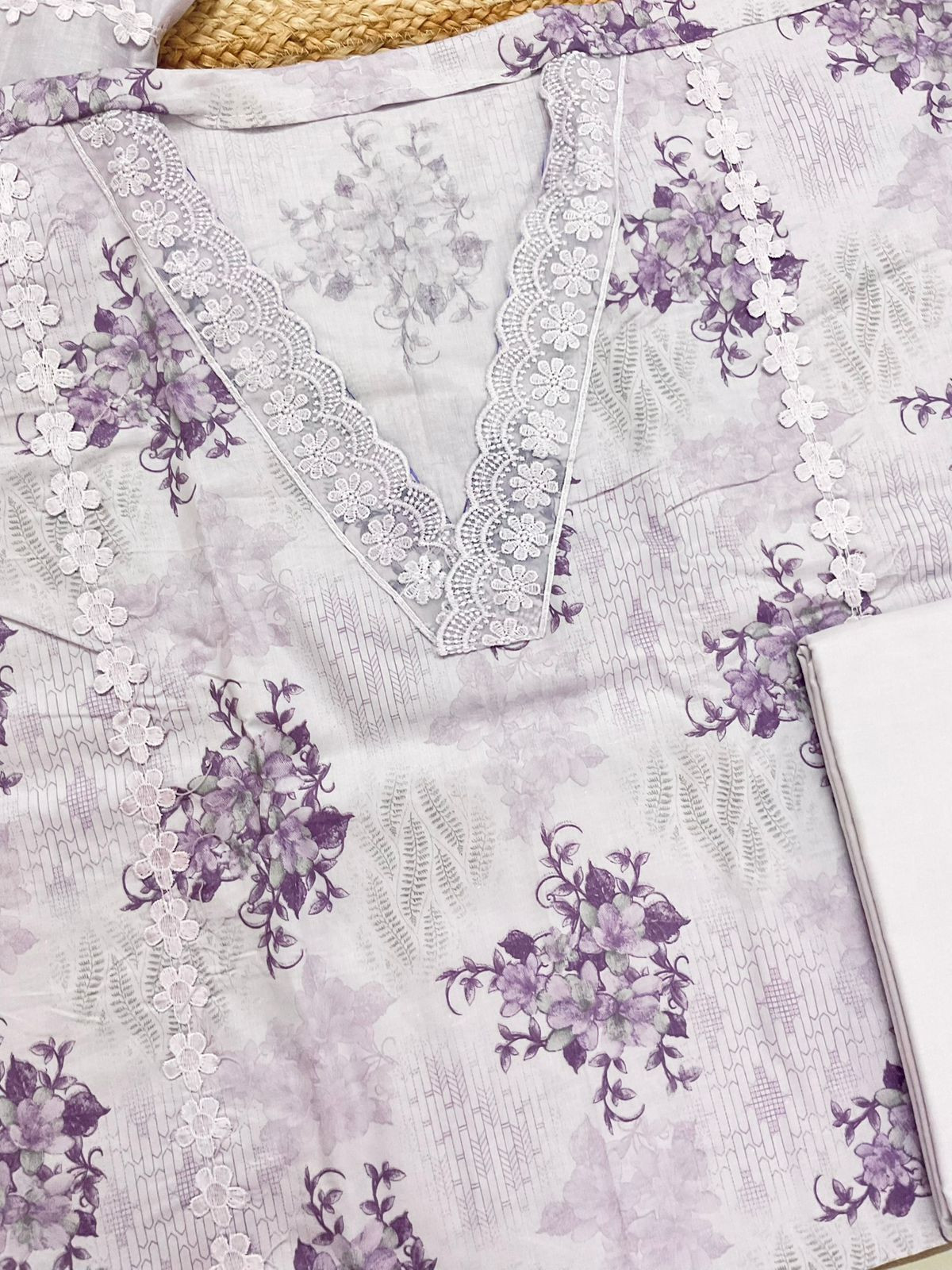 Pure Cotton Printed Embroidered Suit - Lavender