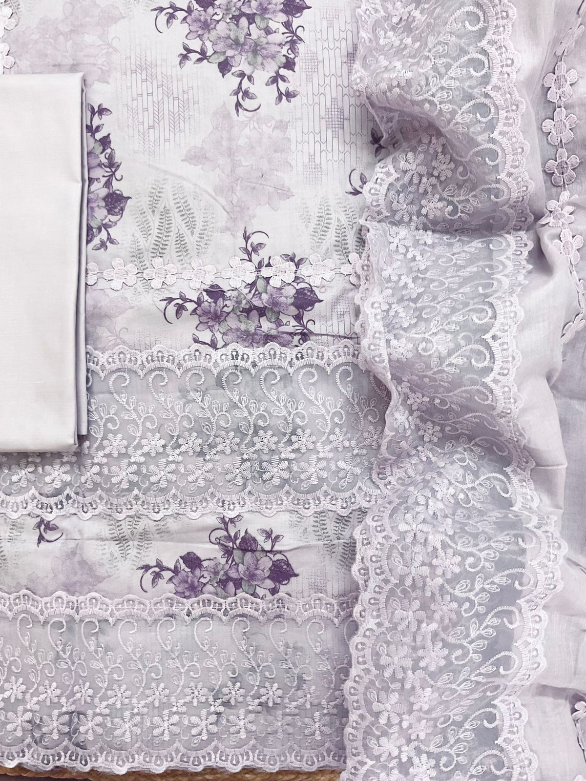 Pure Cotton Printed Embroidered Suit - Lavender