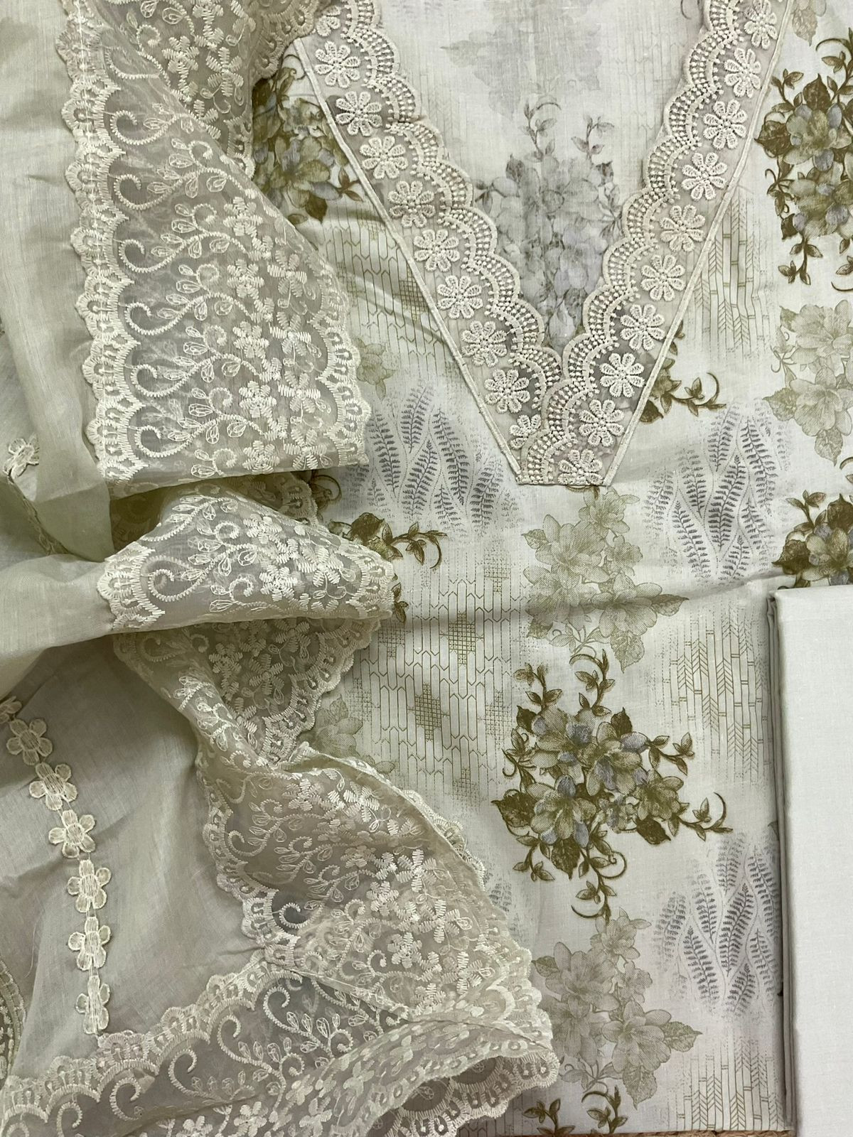 Pure Cotton Printed Embroidered Suit - Beigish Green