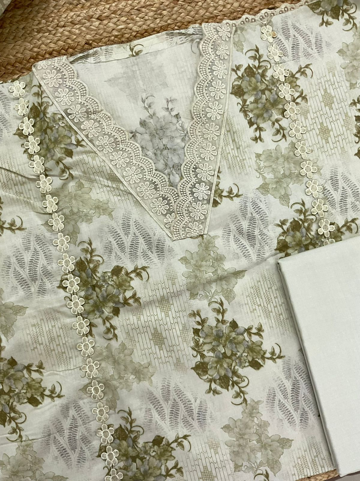 Pure Cotton Printed Embroidered Suit - Beigish Green