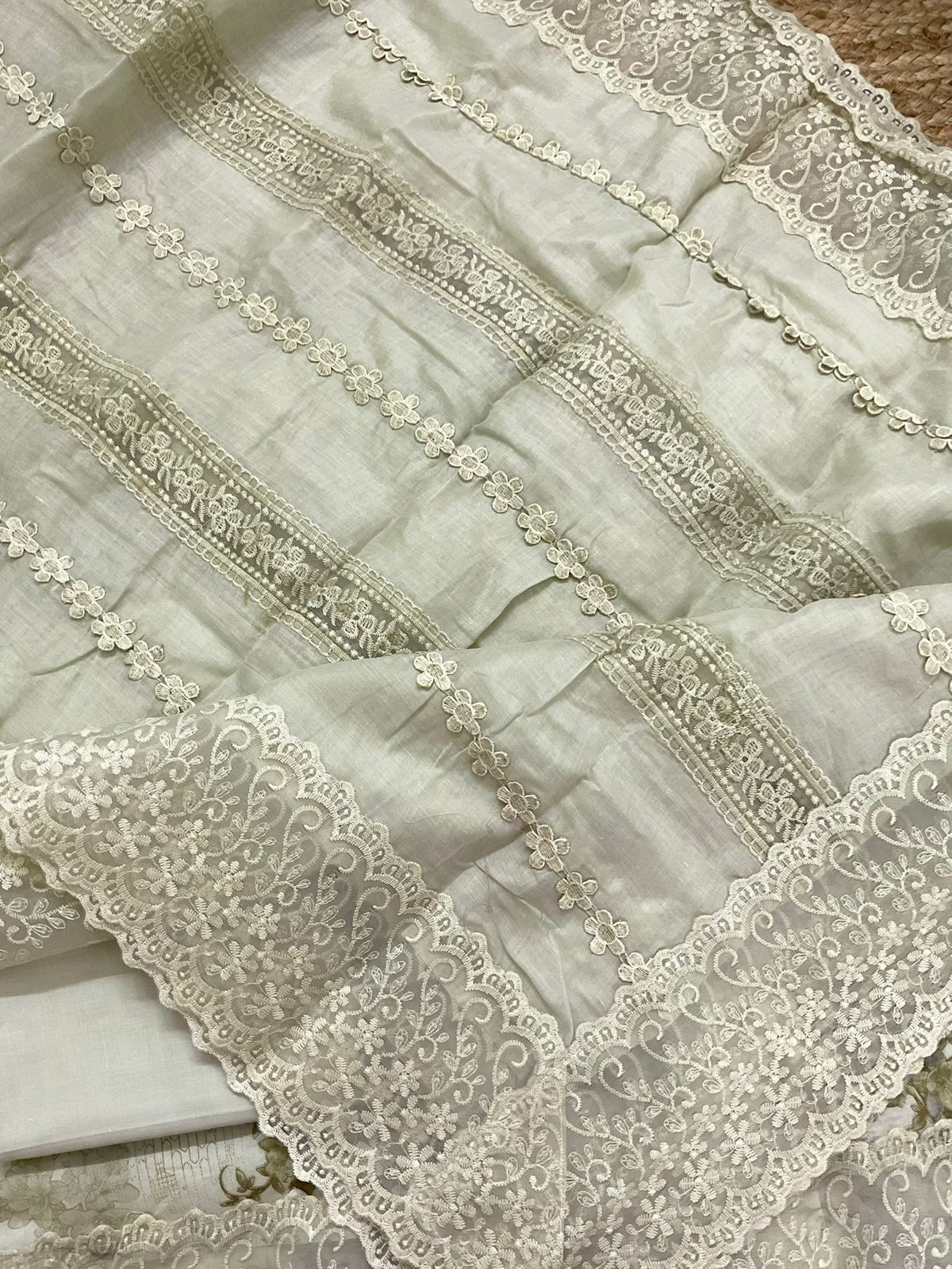 Pure Cotton Printed Embroidered Suit - Beigish Green