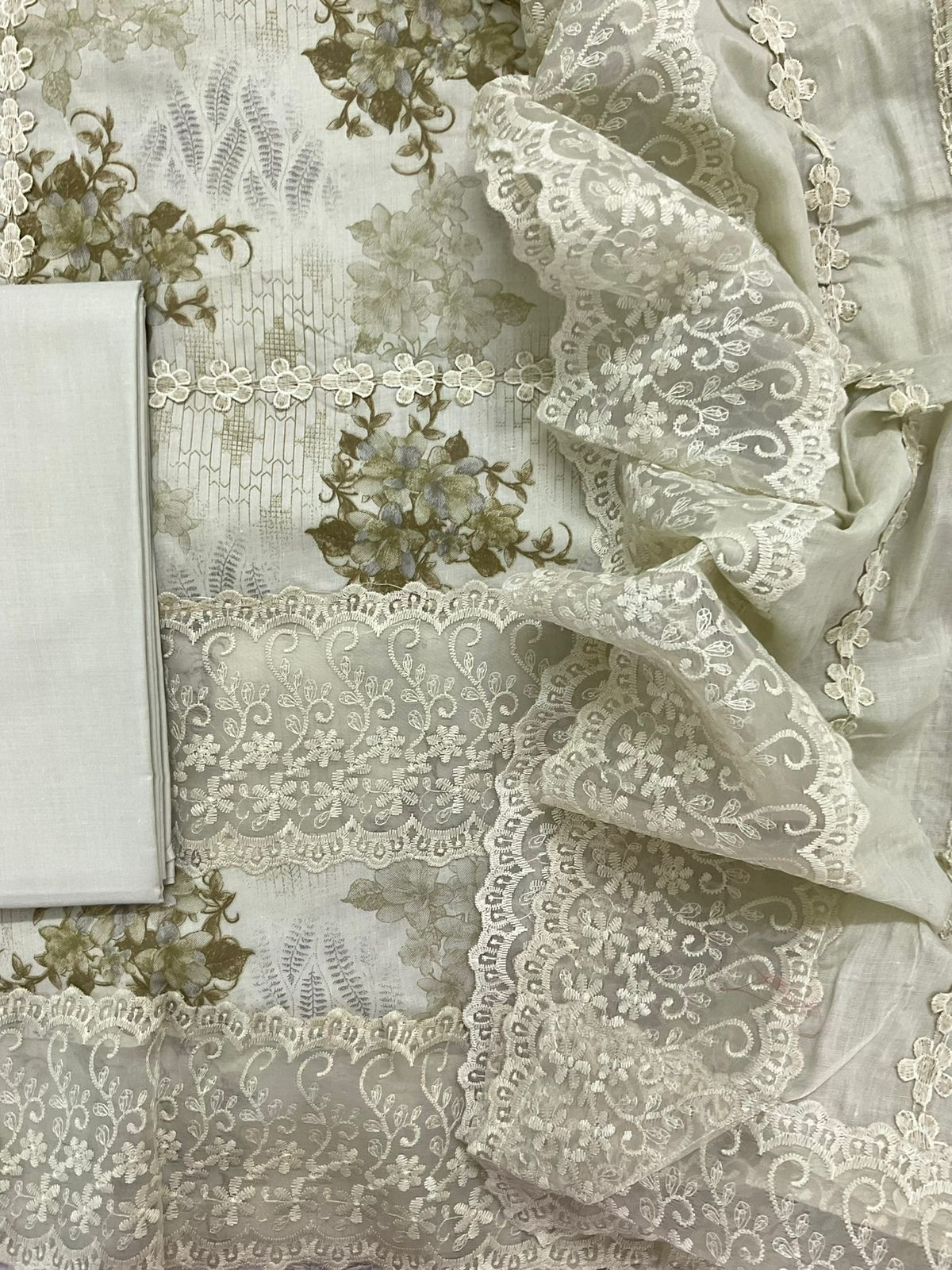 Pure Cotton Printed Embroidered Suit - Beigish Green