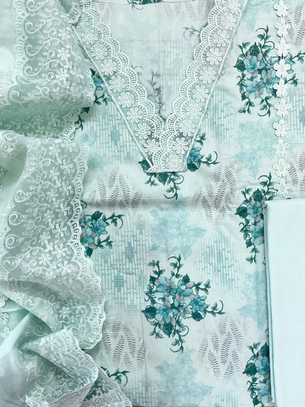 Pure Cotton Printed Embroidered Suit - Blue