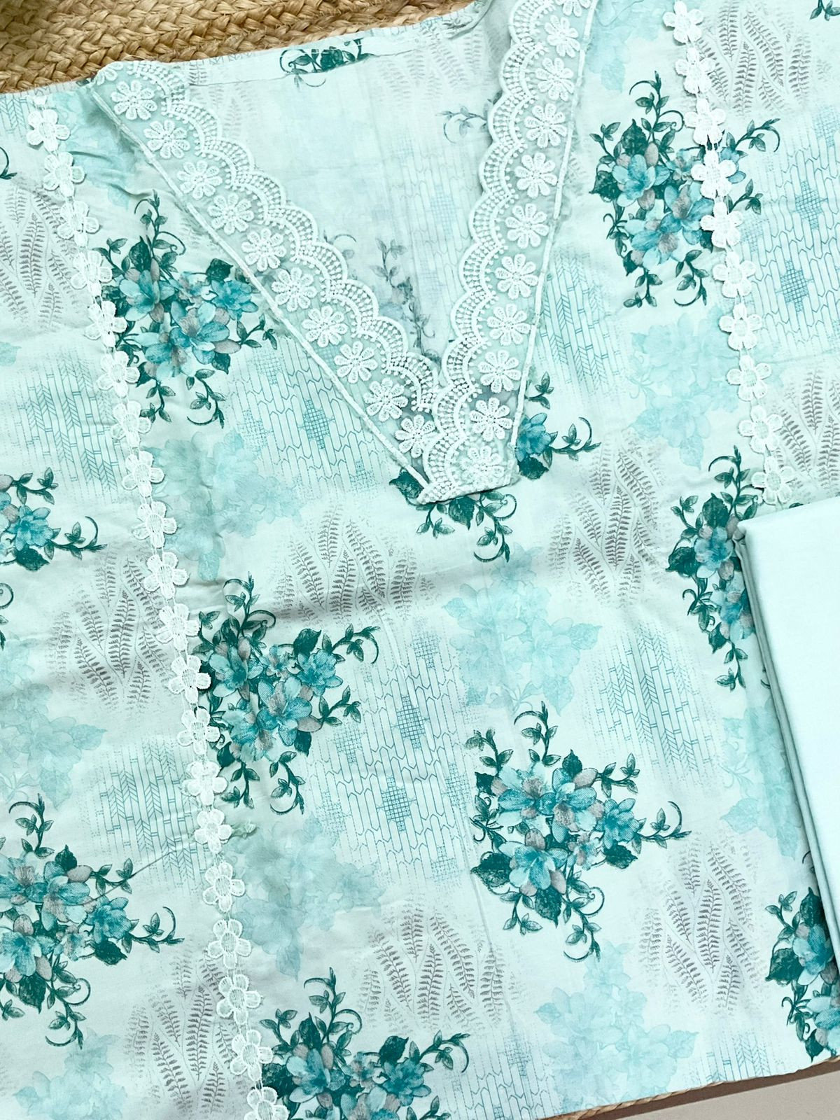 Pure Cotton Printed Embroidered Suit - Blue